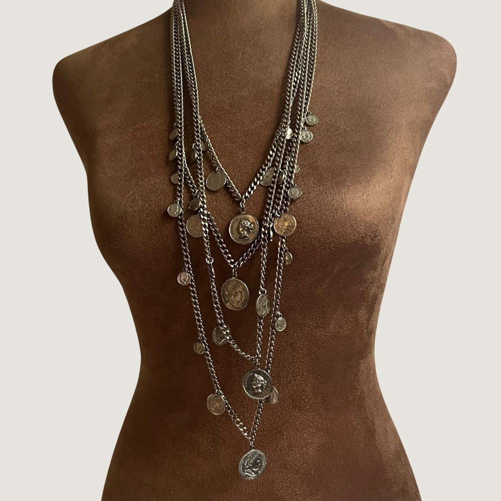 Silver Multi Strand Layered Roman Coin Curb Chain Necklace 24-36" Steampunk